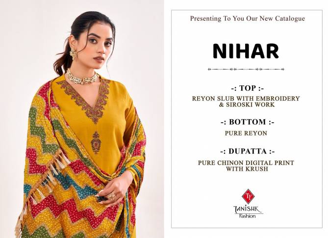 Nihar By Tanishk Heavy Rayon Embroidery Designer Salwar Suits Wholesale Market In Surat